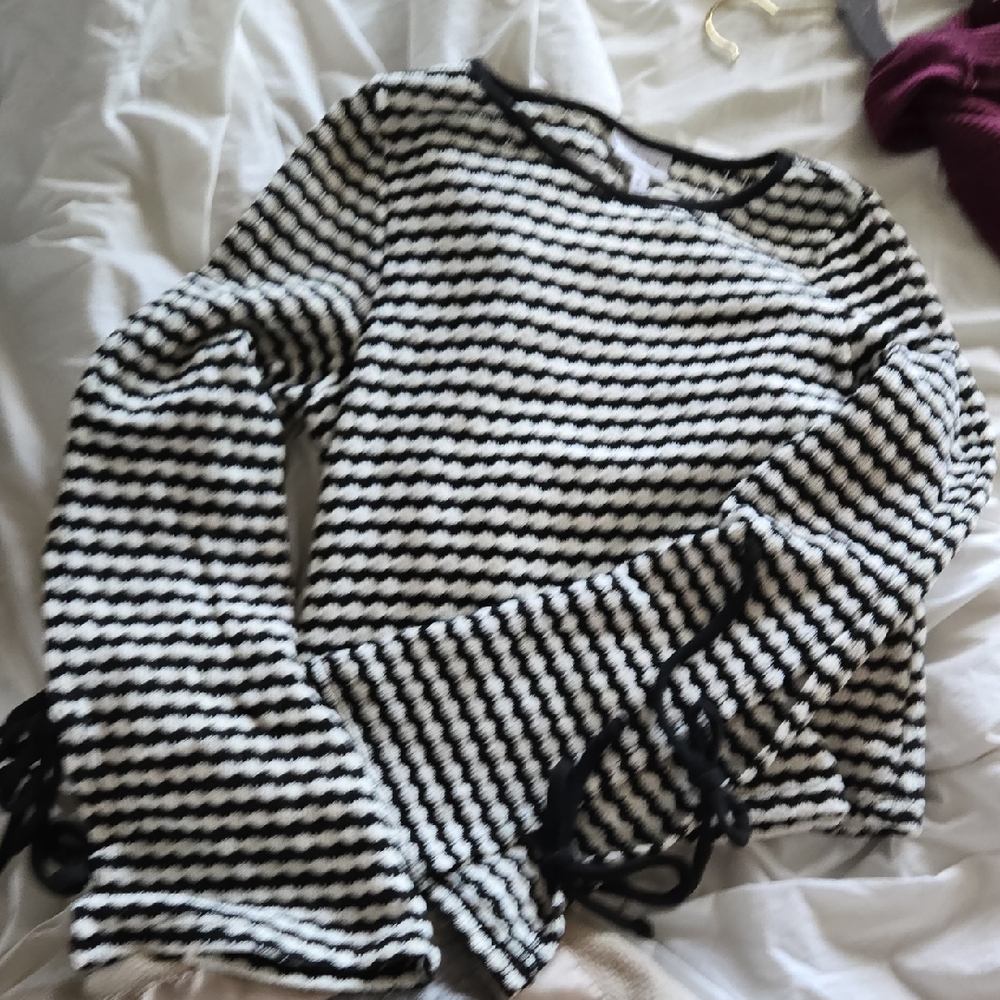 Willow & Root Black and White Striped Sweater with Bell Sleeves